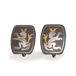 Vintage Swank Coat of Arm Fighting Lion Shield Earrings Screw Back  Black Silver